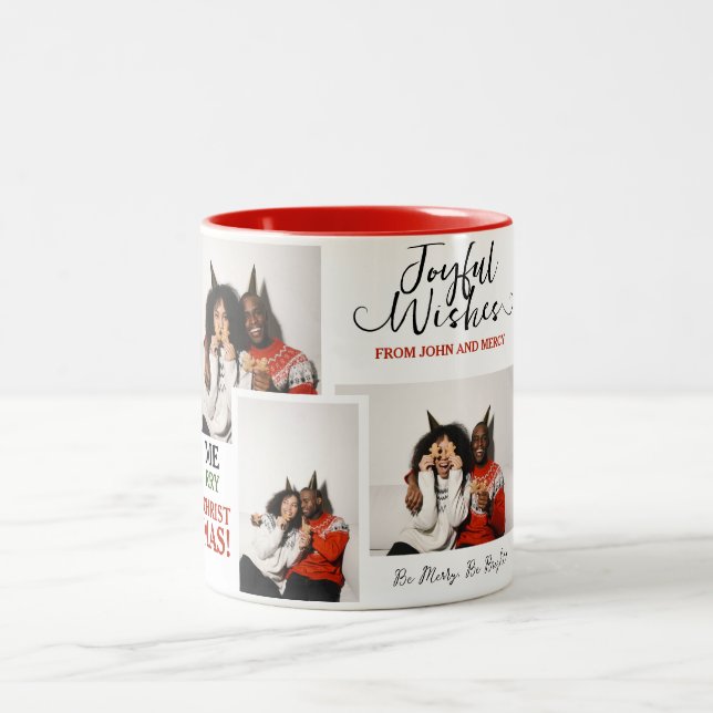 Einfache Elegante Typografie Weihnachten Paar 3 Fo Zweifarbige Tasse (Mittel)