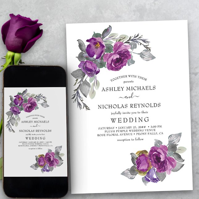 Einfache, elegante, violette Blumen Hochzeit Einladung (Simple purple floral wedding invitation from my Plush Purple Wedding Collection)
