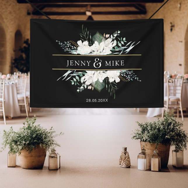 Einfache, elegante weiße Blume Banner (Simpel, elegant, greenery, white flowers, black, wedding banner.)