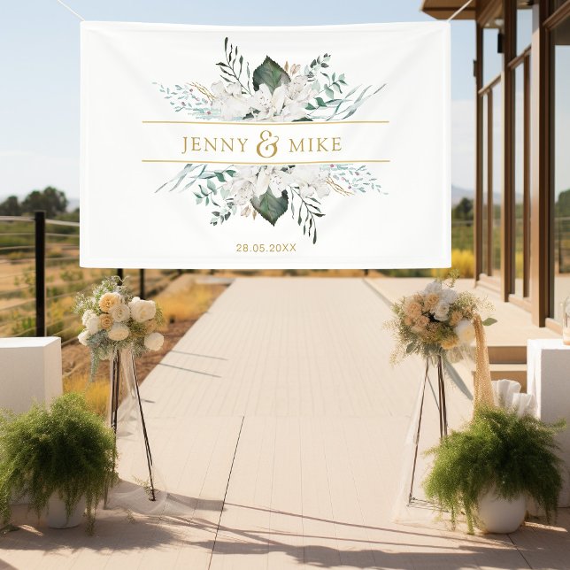 Einfache, elegante weiße Blume Banner (Simpel, elegant, greenery, white flowers, white, wedding banner.)