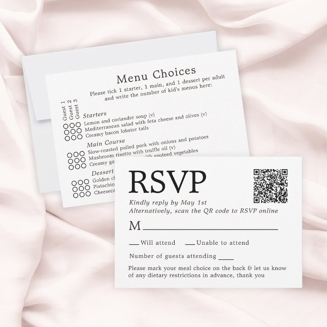 Einfache elegante weiße RSVP-Karte mit Menüauswahl RSVP Karte (Simple Elegant White RSVP Card With Menu Choices
)