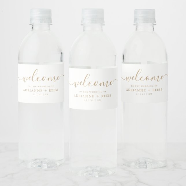Einfache elegante White and Gold Hochzeitsflasche Wasserflaschenetikett (Flaschen)