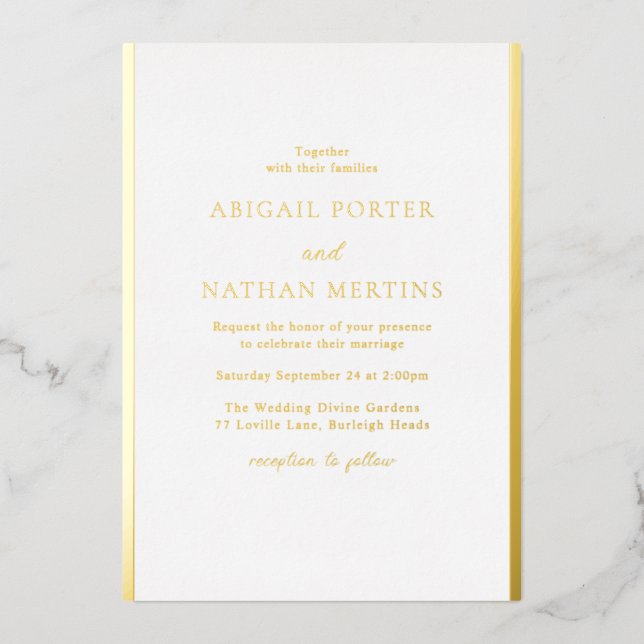 Einfache, elegante White & Gold Hochzeit Folieneinladung (Vorderseite)