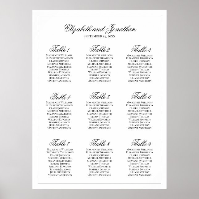 Einfache Eleganz 9 Tabelle Hochzeitskarte Poster (Vorne)