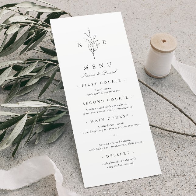 Einfache Eleganz botanische Blätter Monogramm Hoch Menükarte (Simple elegance botanical leaves monogram wedding menu)