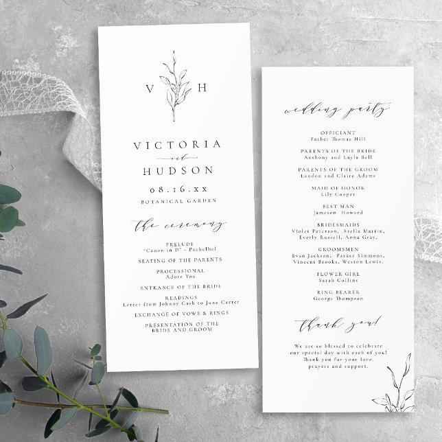 Einfache Eleganz botanische Blätter Monogramm Hoch Programm (Simple elegance botanical leaves monogram wedding program)