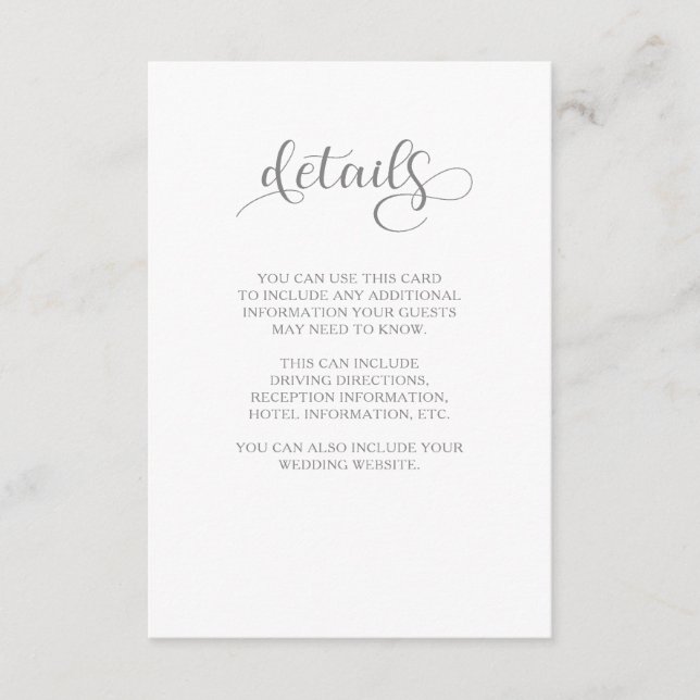 Einfache Eleganz | graue und weiße Gast-Details Begleitkarte (Vorderseite)