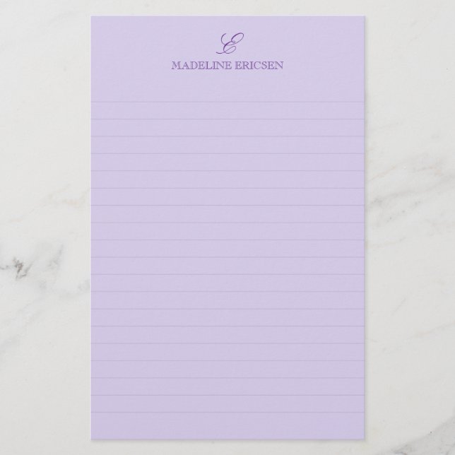 Einfache Eleganz Lila Monogramm liniert Briefpapier (Vorderseite)