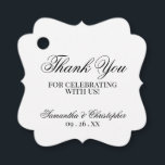 Einfache Eleganz Vielen Dank für Ihre Hochzeit Geschenkanhänger<br><div class="desc">Diese schönen Gefälligkeitsmarken sind einfach,  klassisch,  zeitlos und elegant. Das Design zeichnet sich durch einen weißen Hintergrund mit laky schwarzen Schriftzeichen Lesen: Vielen Dank,  dass Sie mit uns feiern. Es gibt Platz für die Namen der Paare und das Hochzeitstag.</div>