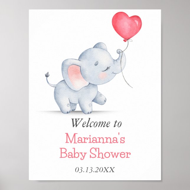 Einfache Elephant & Heart Balloon Babydusche Poster (Vorne)