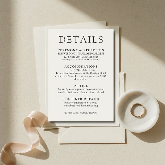 Einfache Elfenbein-Hochzeitsdetails Klassisch Begleitkarte (Simple Ivory Classic Wedding Details Enclosure Card)