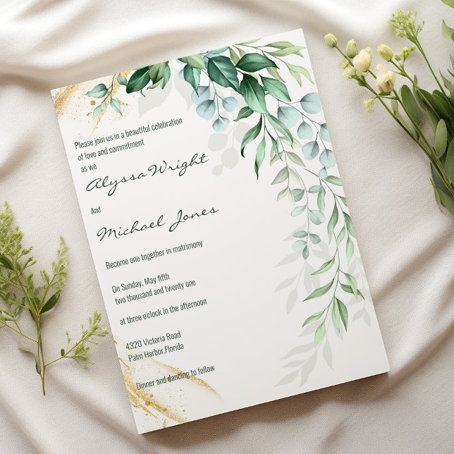 Einfache elfenbeinfarbene goldene Grünpflanzen-Blu Einladung (Simple ivory gold greenery leaf floral Wedding )