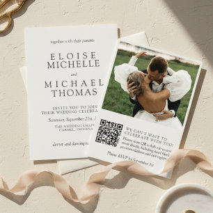 Einfache, elfenbeinfarbene Hochzeit mit QR-Code Cl Einladung