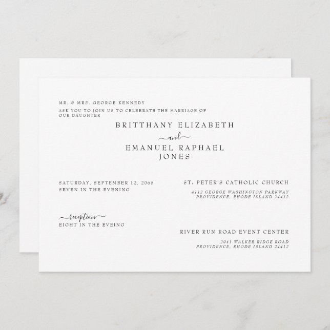 Einfache Eltern mit weißer Braut Einladung (Vorne/Hinten)
