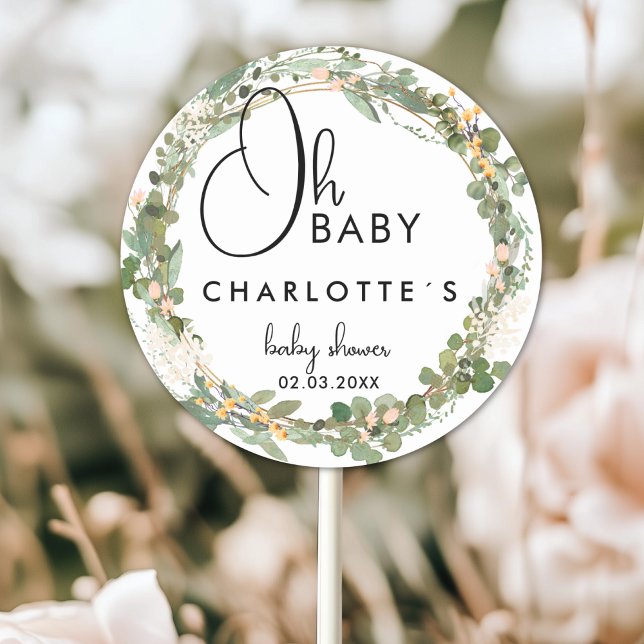 Einfache Eucalyptus Wreath Baby Dusche Runder Aufkleber (Simple Eucalyptus Wreath Baby Shower Classic Round Custom Sticker with your Name and Date.)