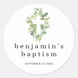 Einfache Eukalyptus-Blätter Cross Name Date Baptis Runder Aufkleber