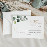 Einfache Eukalyptus-Blätter Grüne Goldhochzeit RSVP Karte<br><div class="desc">Diese individuell gestaltbare RSVP-Karte,  die sich mit unserer Hochzeitskollektion Boho Greenery Gold abstimmt,  verfügt über einen Eukalyptuszweig mit kalligrafischem Text,  gepaart mit einem klassischen Serif & modernen Sans-Schriftart in Schwarz. Matching-Elemente verfügbar.</div>