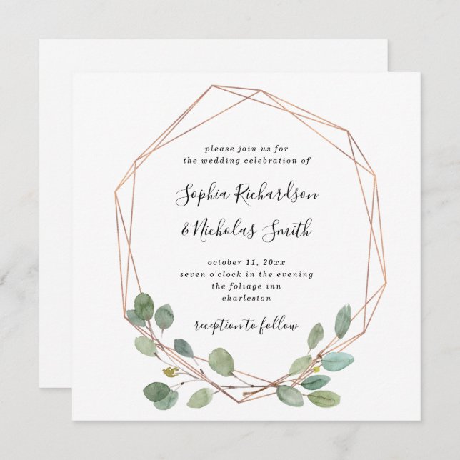 Einfache Eukalyptus-Grüne | Rose Gold Geo Wedding Einladung (Vorne/Hinten)