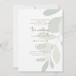 Einfache Eukalyptus-Hochzeit mit Eltern in Goldtex Einladung