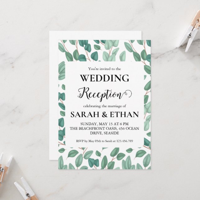 einfache Eukalyptus-Hochzeitsempfang Einladung (Vorderseite/Rückseite Beispiel)