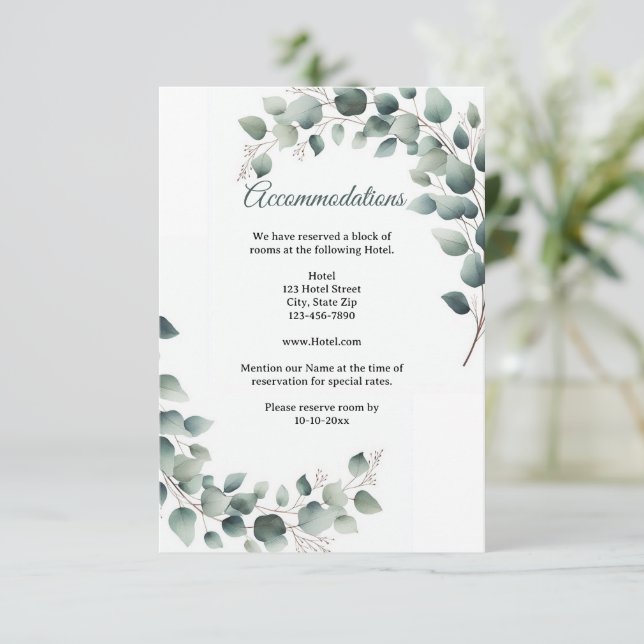 Einfache Eukalyptus-Hochzeitsunterkunft Begleitkarte (Stehend Vorderseite)
