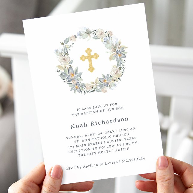 Einfache Eukalyptus | Imitate Goldkreuztaufe Einladung (A simple and elegant gender neutral Baptism invitation, with eucalyptus leaves, flowers, and a cross)