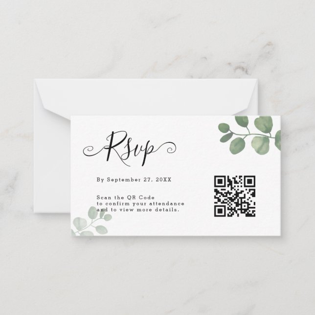 Einfache Eukalyptus QR Code UAWG Wedding Mitteilungskarte (Vorderseite)