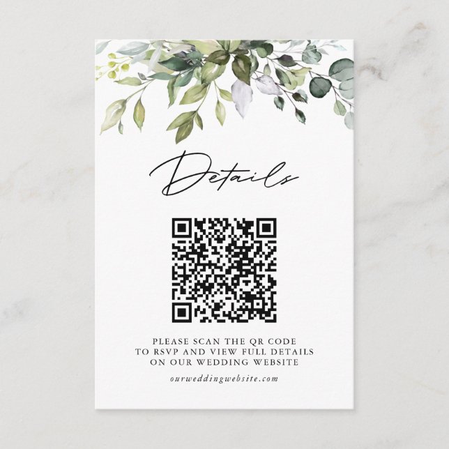 Einfache Eukalyptusblätter QR-Code Hochzeitsdetail Begleitkarte (Vorderseite)