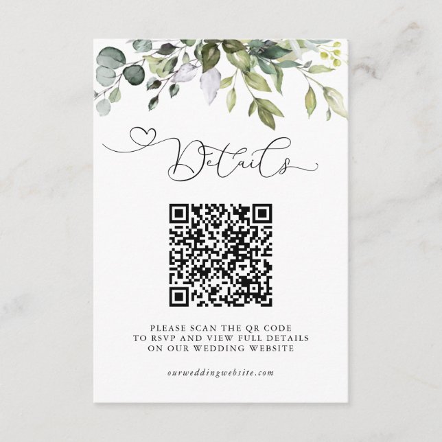 Einfache Eukalyptusblätter QR-Code Hochzeitsdetail Begleitkarte (Vorderseite)