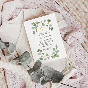 Einfache Eukalyptusgrüne und Goldkreuztaufe Einladung