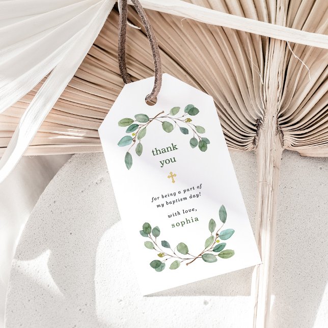 Einfache Eukalyptusgrüne und Goldkreuztaufe Geschenkanhänger (Von Creator hochgeladen)