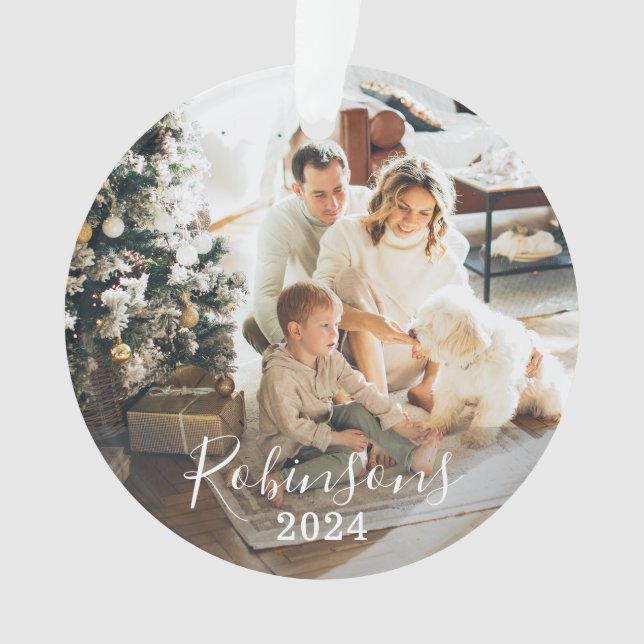 Einfache Familie 2 Foto Individuelle Name Script & Ornament (Vorderseite)