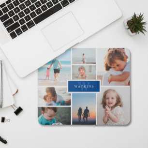 Einfache Familienfoto-Collage & Blue Monogram Mousepad
