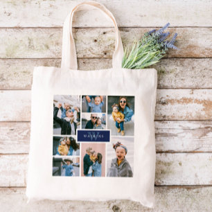 Einfache Familienfoto-Collage Navy Monogram Tragetasche