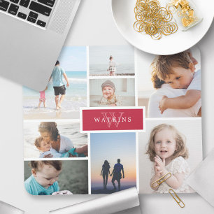 Einfache Familienfoto-Collage & Rote Monogramm Mousepad