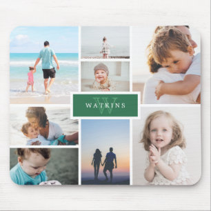 Einfache Familienfoto-Collage und grünes Monogramm Mousepad