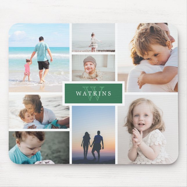 Einfache Familienfoto-Collage und grünes Monogramm Mousepad (Vorne)