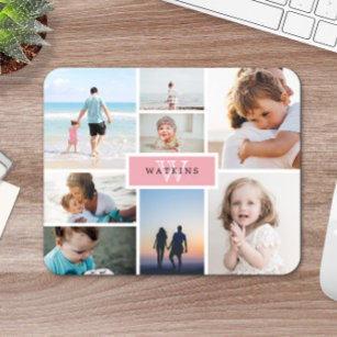 Einfache Familienfoto-Collage und rosa Monogramm Mousepad