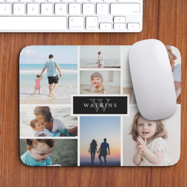 Einfache Familienfoto-Collage und Schwarzes Monogr Mousepad (Von Creator hochgeladen)
