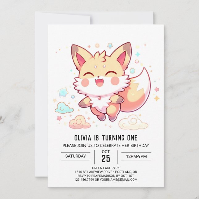 Einfache Fantasy Fox 1. Geburtstag Einladung (Vorderseite)