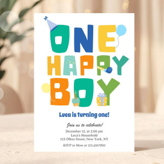 Einfache farbenfrohe One Happy Boy 1. Geburtstagsf Einladung
