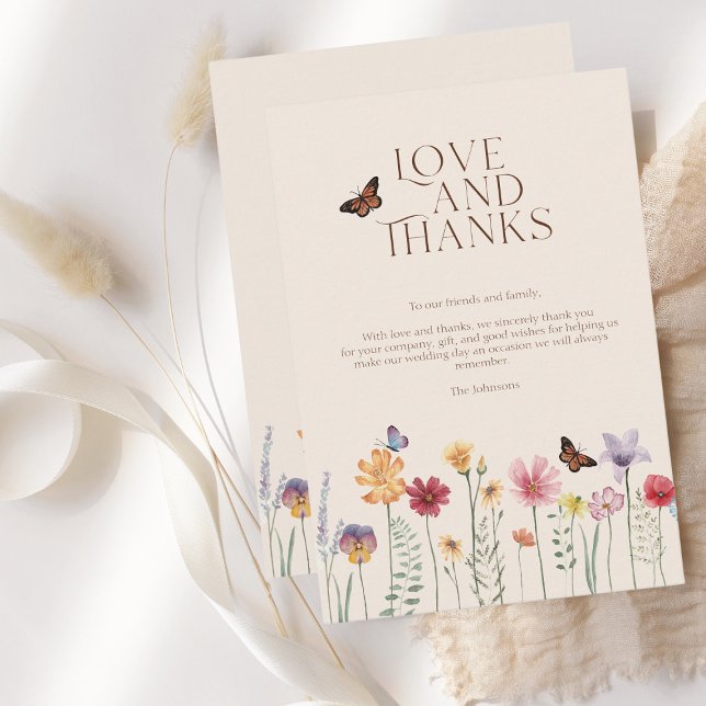Einfache farbenfrohe Wildblume Liebe und Dank Hoch Dankeskarte (Simple Colorful Wildflower Floral Wedding Love and Thanks Card)