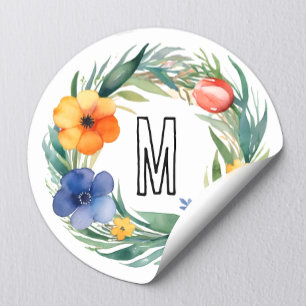 Einfache Farbige Blumenkrautmonogramm Runder Aufkleber