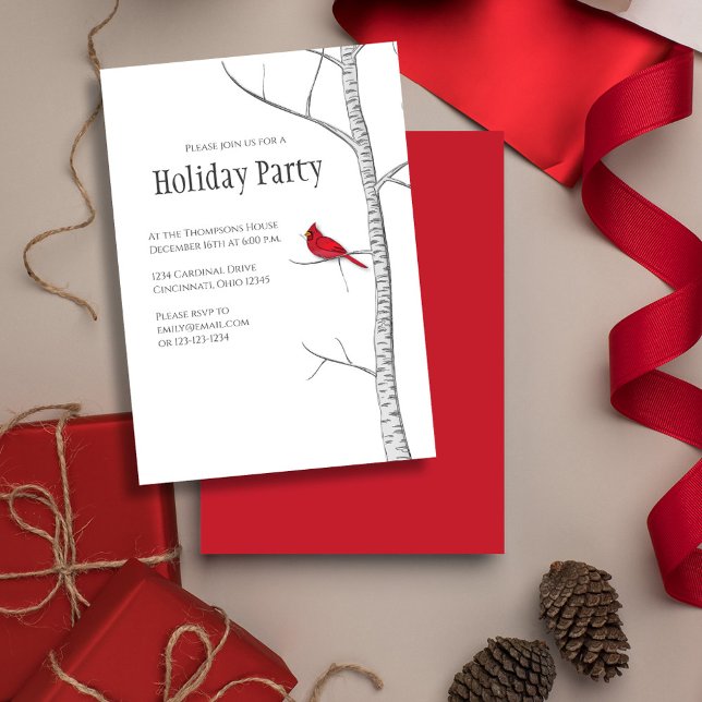 Einfache Ferien Winter Roter Kardinal Birch Tree Einladung (Simple Holiday Party invitation with a winter woodland red cardinal bird.)
