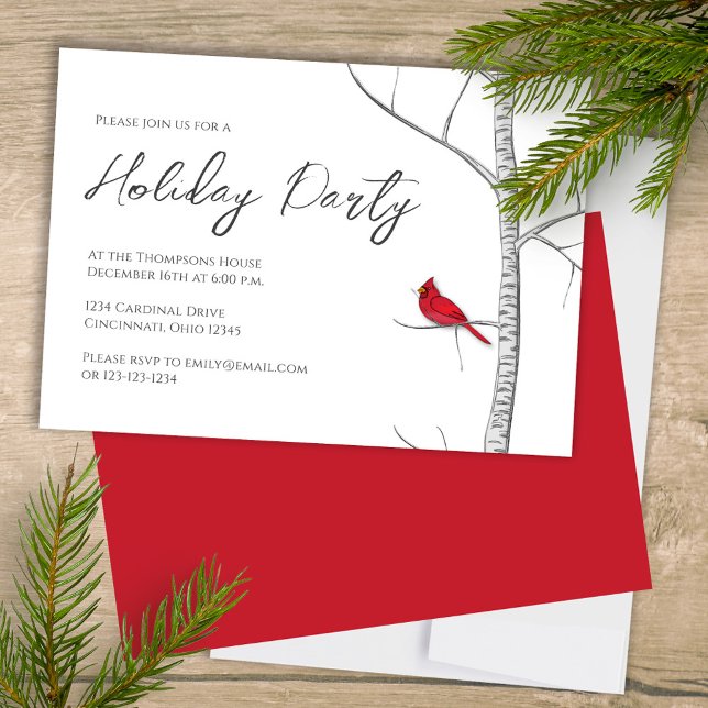 Einfache Ferien Winter Roter Kardinal Birch Tree Einladung (Simple Holiday Party invitation with a winter woodland red cardinal bird.)