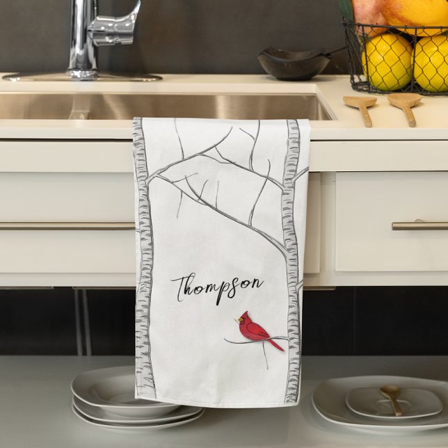Einfache Ferien Winter Roter Kardinal Birch Tree Geschirrtuch (Red Cardinal birch tree custom kitchen towel. )