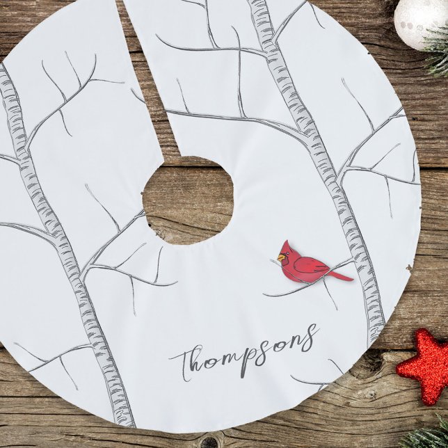 Einfache Ferien Winter Roter Kardinal Birch Tree Polyester Weihnachtsbaumdecke (Winter red cardinal birch tree custom tree skirt. )
