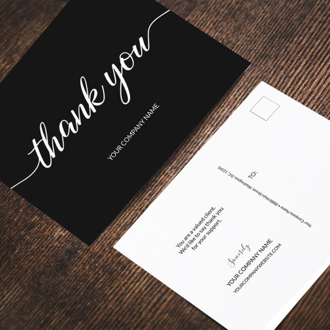 Einfache Firmenname Schwarz-Weiß-Schrift Postkarte (Black white, simple, modern script thank you from business to customers.)