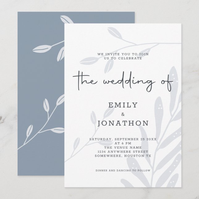 Einfache Foliage Dusty Blue Wedding Einladung (Vorne/Hinten)