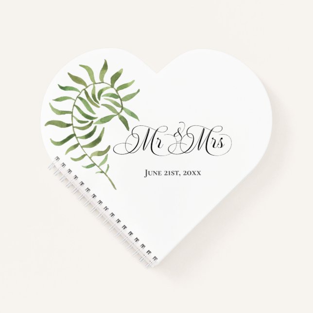 Einfache Foliage, Mr. & Mrs. Wedding Heart Notizbuch (Vorderseite)